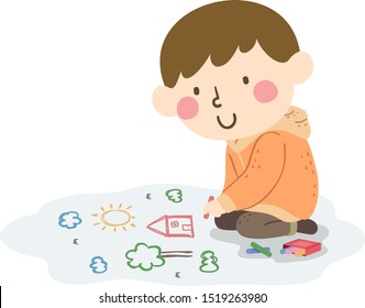 Illustration of a Kid Boy Drawing On the Floor Using Chalks in Different Colors