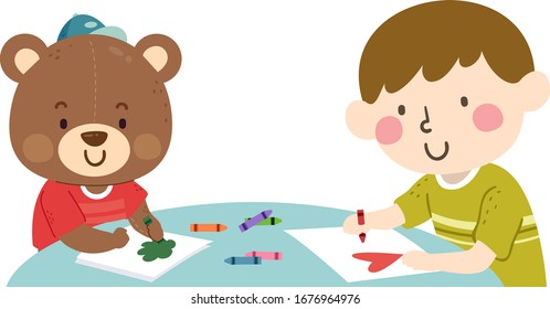 Illustration of a Kid Boy Drawing on Paper Using Crayons on a Table with His Imaginary Friend, a Teddy Bear Stuffed Toy