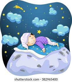 Ilustración de un niño soñando mientras dormía en la luna