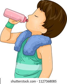 Illustration of a Kid Boy Drinking Water from Water Bottle After Exercising