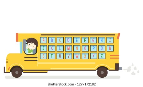 Illustration of a Kid Boy Driving a Yellow School Bus with the Alphabet in the Window