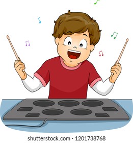 Illustration Of A Kid Boy Drummer Holding Sticks And Playing With An Electric Drum Pad