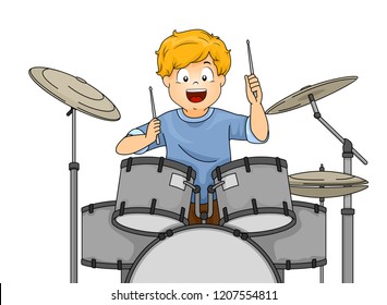 Illustration of a Kid Boy Drummer Holding Drumsticks Playing Drums