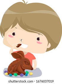 Illustration of a Kid Boy Eating an Easter Bunny Chocolate with Small Eggs