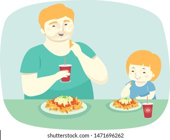 Illustration of a Kid Boy Eating Nachos and Drinking Soda with his Father
