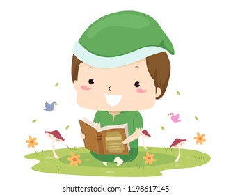 Illustration of a Kid Boy Elf Reading a Book Outdoors with Birds, Mushroom and Flowers