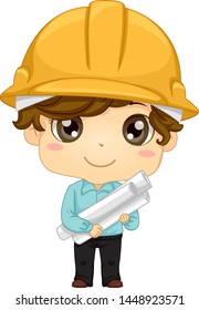 Illustration of a Kid Boy Engineer Wearing a Yellow Hard Hat and Holding Several Rolls of Building Plans