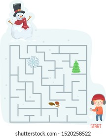 Illustration of a Kid Boy Entering a Maze, Holding a Note Pad and Pencil with a Snowman at the End of It