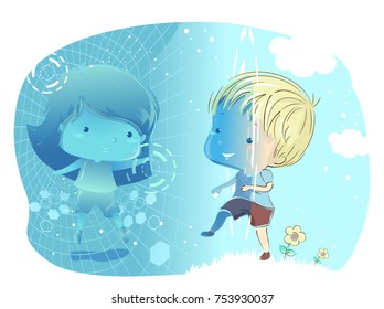 Illustration of a Kid Boy Entering Virtual Reality to Meet a Kid Girl Friend
