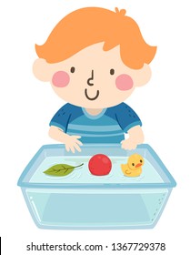 Illustration eines kleinen Jungen, der mit verschiedenen schwimmenden Gegenständen im Wasser von Leaf, Ball bis Gummienten experimentiert