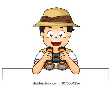 Illustration of a Kid Boy Explorer Holding Binoculars on Top of a Blank Board