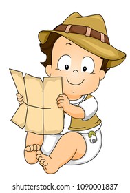 Illustration of a Kid Boy Explorer Wearing a Brown Hat and Holding an Old Map