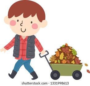 Illustration Of A Kid Boy In The Farm Pulling A Wagon Full Of Autumn Leaves