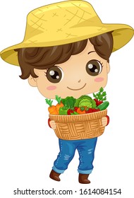 Illustration of a Kid Boy Farmer Holding a Basket of Vegetable Harvest