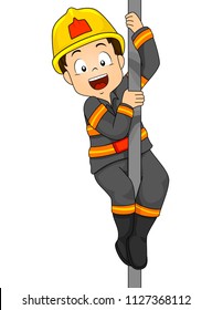 Illustration Of A Kid Boy Fireman Riding Down A Fire Pole