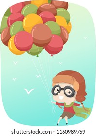 Illustration of a Kid Boy Floating in the Sky Being Carried by Balloons