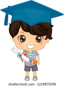 Illustration Of A Kid Boy With Floral Sash Wearing Graduation Cap And Holding Diploma