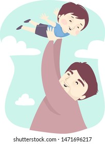 Illustration of a Kid Boy Flying and Being Lifted by His Father Up In the Sky