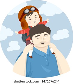 Illustration of a Kid Boy Flying and Riding the Back of His Father Outdoors and Wearing Vintage Pilot Hat