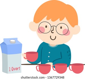 Illustration of a Kid Boy with Four Cups of Measurement and One Quart