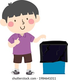 Ilustración de un niño con cubos de basura en el aula como un pequeño monitor
