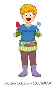 Illustration of a Kid Boy Gardener Holding a Shovel and Fork and Wearing a Gardening Belt Bag and Boots