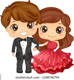 Illustration of a Kid Boy and Girl Wearing Evening Gown and Tuxedo for School Prom