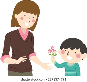 Illustration of Kid Boy Giving Flowers to Girl Teacher