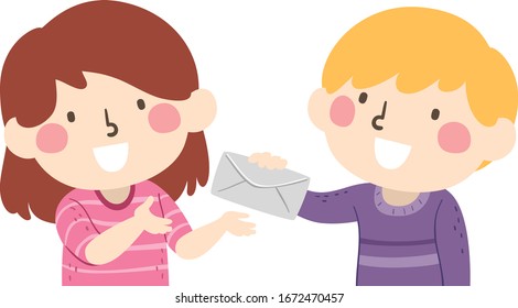 Illustration Of A Kid Boy Giving A Letter In A White Envelope To A Kid Girl