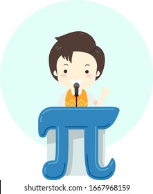 Illustration of a Kid Boy Giving a Speech on a Lectern Shaped as Pi Symbol with Microphone