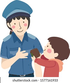 Illustration of a Kid Boy Giving a Wallet He Found to a Police Woman Getting It