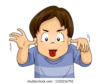 Illustration of a Kid Boy with Hands Up in Ears and  Making Face Sticking Out Tongue