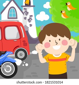 Illustration of a Kid Boy with Hands Near His Ears, Listening and Being Aware of Different Sounds in the Environment