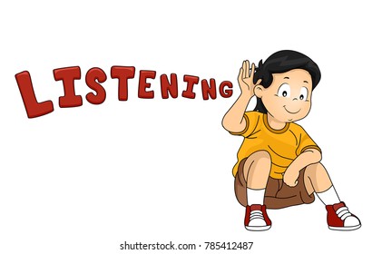 Illustration of a Kid Boy with Hands on His Ear with Listening Lettering