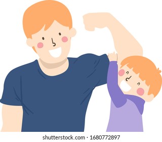 Illustration of a Kid Boy Hanging From a Flexed Arm of His Father and Playing