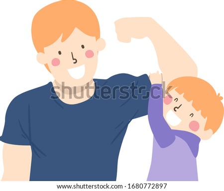Illustration of a Kid Boy Hanging From a Flexed Arm of His Father and Playing