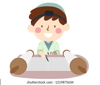 Illustration eines kleinen Jungen mit einer Bar Mitzvah, mit einem Yad oder Pointer und Lesen der Tora