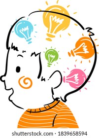 Illustration of a Kid Boy Head Profile with Light Bulbs Doodle In His Head