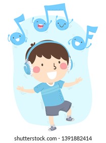 Illustration of a Kid Boy with Headphones Listening and Dancing with Music Notes Mascots