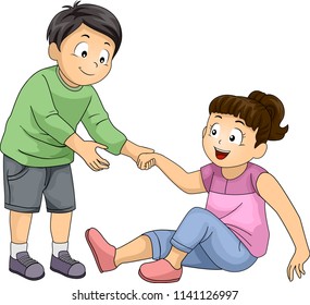 Illustration Of A Kid Boy Helping A Kid Girl Stand Up. Positive Character Trait Or Values