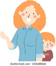 Illustration of a Kid Boy Hiding Behind His Talking Mother and Being Shy