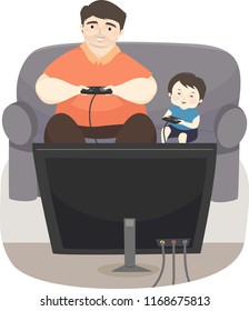 Illustration eines kleinen Jungen und seines Vaters, wie er zu Hause Videospiele spielen
