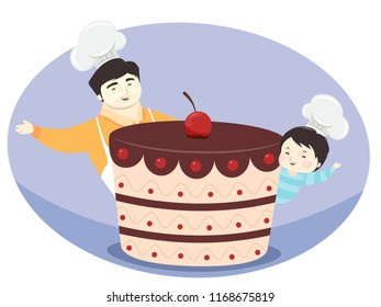 Illustration of a Kid Boy with His Father Wearing Baking Hats and Proudly Showing a Cake They Baked