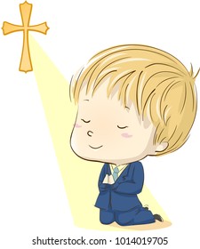 Illustration of a Kid Boy in His First Communion Suit Kneeling and Praying