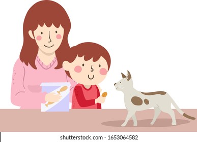 Illustration of a Kid Boy with His Mother Giving their Pet Cat a Treat