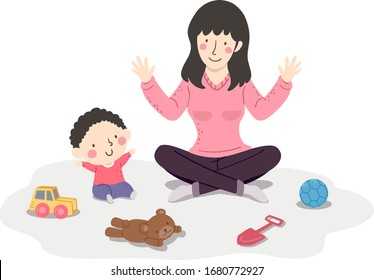 Illustration of a Kid Boy and His Mother Sitting Down the Floor with their Hands Up Playing with Toys Around Them