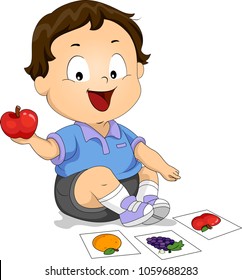 Illustration Of A Kid Boy Holding An Apple And Pointing To An Apple Illustration From Among Different Fruits