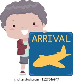 Ilustración de un niño sujetando un cartel de llegada para dar la bienvenida a la gente