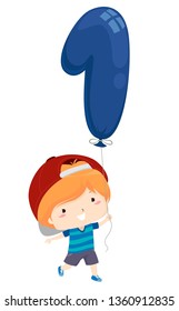 Illustration of a Kid Boy Holding a Balloon Shaped as Number One