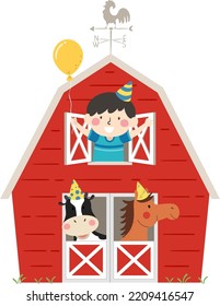 Illustration Of Kid Boy Holding Balloon Wearing Hat With Cow And Horse In Farm Barn Windows Celebrating Birthday On Petting Zoo